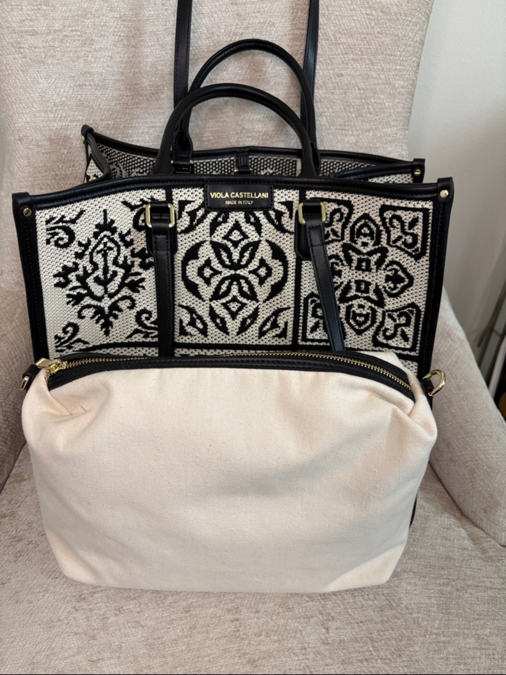 Viola Castellani leather crochet tote black/beige Made in Italy New - Picture 9 of 10